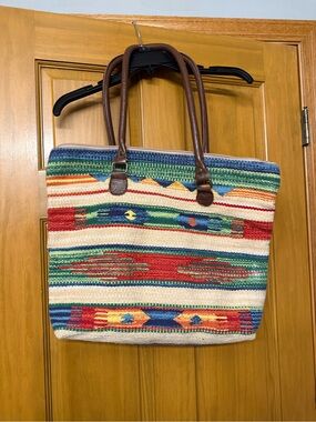 Southwestern Stripe Tote Bag with Brown Handles